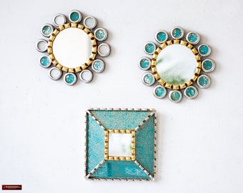 Peruvian Turquoise Round mirror set 3 from Peru | Decorative small mirror set 3 for wall holiday decoration | Christmas Gift mirror for wall