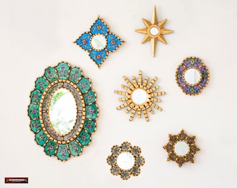 Decorative Small Wall hanging mirror set 7 for home wall art | Golden Circle mirror wall decorations | Vanity Handpainted mirror glass art