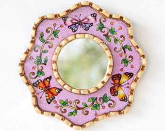 Small Pink Round Mirror Butterfly - Peruvian Hand Painted Glass, Unique Baby Girl Nursery Wall Decor, Christmas Gift for Her | USA No Duties