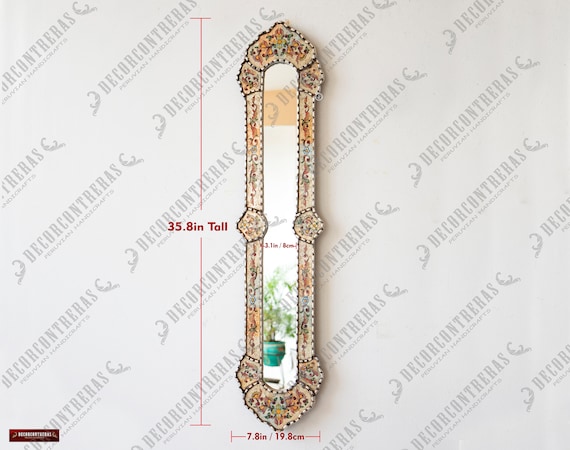 Peruvian Long Narrow wall mirror 35.4" tall for wall decor | Handmade Painted glass Skinny wall Mirror with silver leaf for room decor