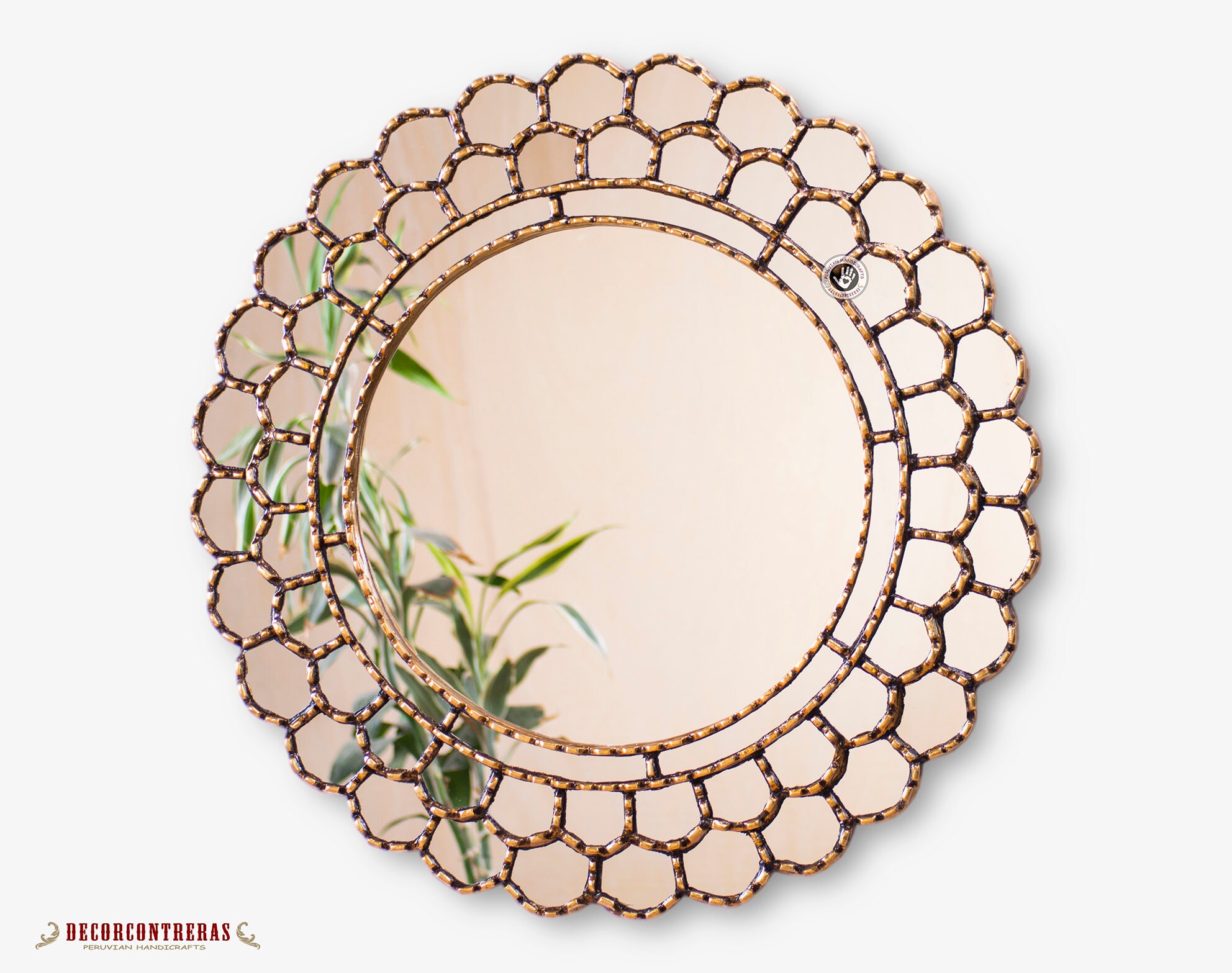Peruvian Gold Round Mirror 23.6in "Cuzco"- Gold wood framed wall mirrors - Bathroom mirror for wall - Decorative Cuzcaja Mirror wall decor