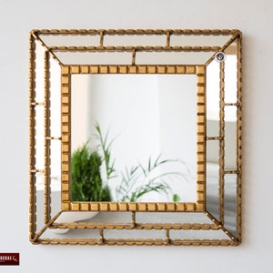 Gold Decorative Accent Mirror wall 18.1" from Peru, Bathroom Square Mirror for wall decor, Peruvian Handmade Mirror with gold leaf framed