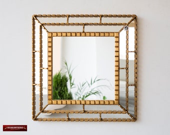 Gold Decorative Accent Mirror wall 18.1" from Peru, Bathroom Square Mirror for wall decor, Peruvian Handmade Mirror with gold leaf framed