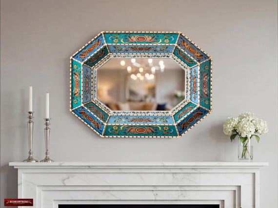 Blue Octagonal Wall Mirror Convex - Peruvian Reverse Painted Glass