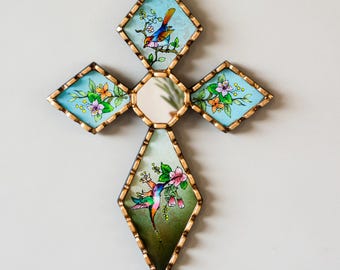 Handmade Peruvian Cross Wall Decor – Gold Leaf Christian Gift with Reverse Painted Glass – Religious Art for Home Decor - Catholic Gift
