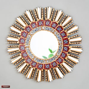 Handmade Red Sunburst Round Mirror – Peruvian Accent for Home, Wall Decor & Bedroom Decor – Housewarming Gift –Decorative Mirrors Wall Decor