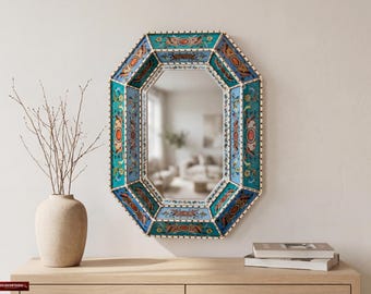 Blue Octagonal Wall Mirror Convex - Peruvian Reverse Painted Glass