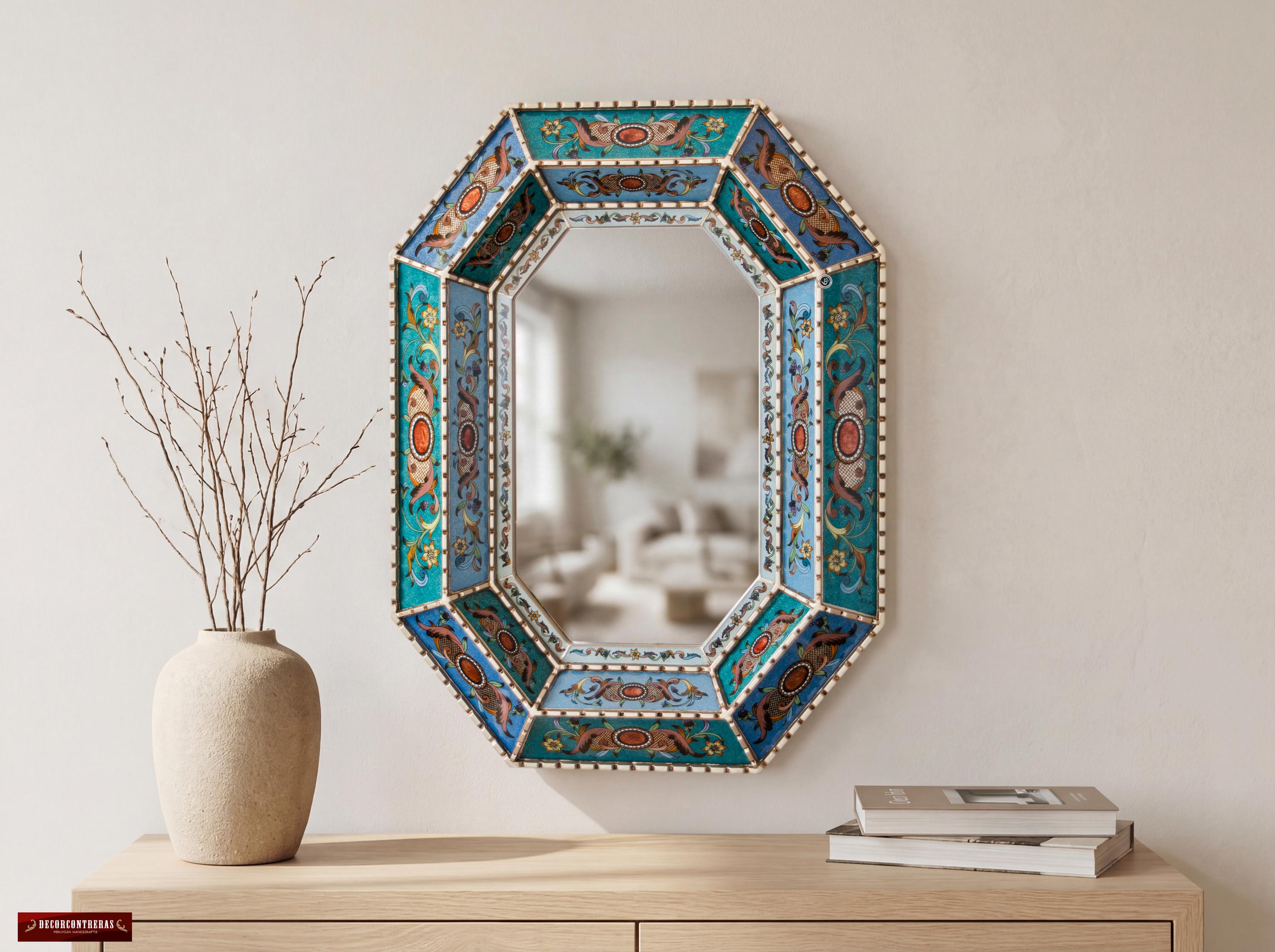 Blue Octagonal Wall Mirror Convex - Peruvian Reverse Painted Glass