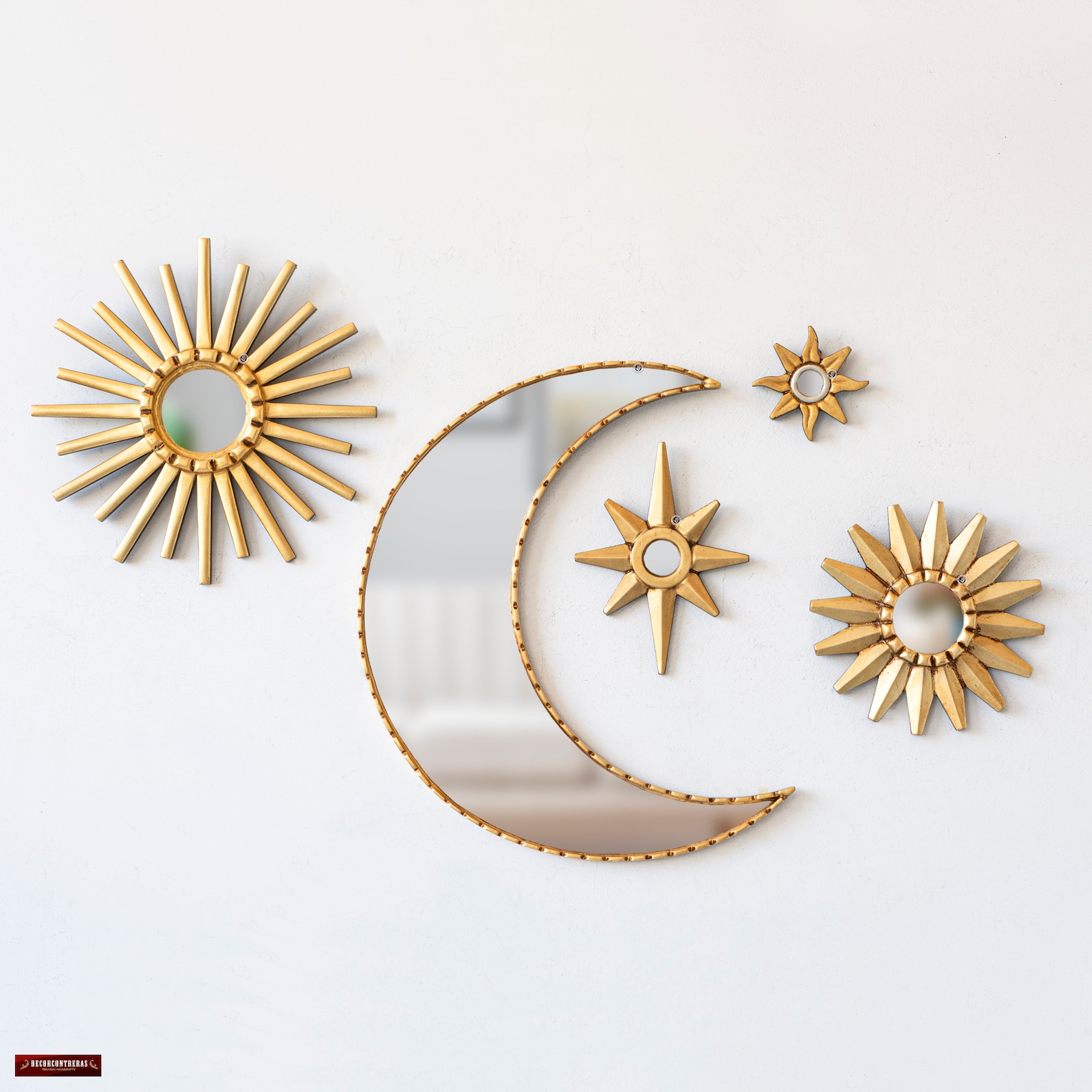 Handmade Gold Sun Moon Mirror Set of 5 | Celestial Boho Wall Art | Peruvian Celestial Decor | Handmade Bronze Leaf Decor | Ships From USA