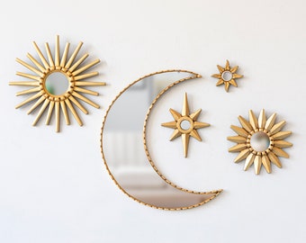 Handmade Gold Wall Mirror set of 5 for wall home decor | Peruvian Bronze Leaf Wood Wall Mirror in a moon and Sun Shape | mothers day gifts