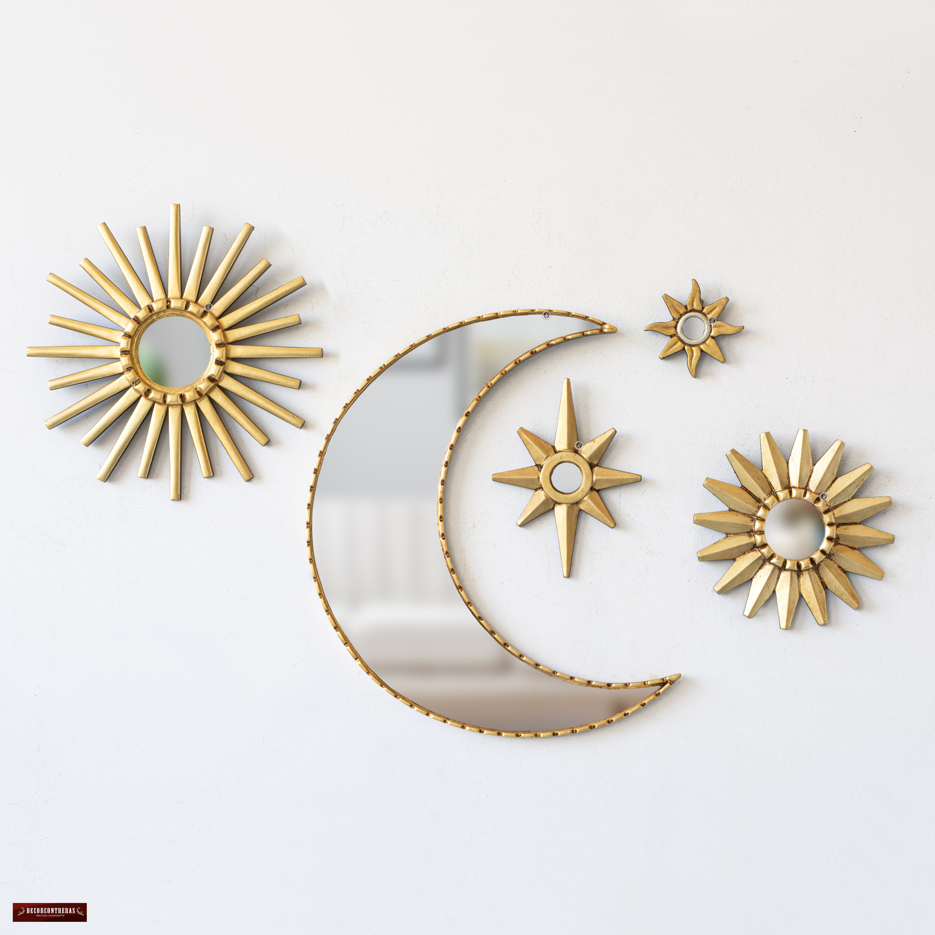 Handmade Gold Sun Moon Mirror Set of 5 | Celestial Boho Wall Art