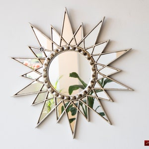 Silver Star Mirror wall 23.6" from Peru, Silver Leaf Wood Framed Wall Accent Startbust Mirror,  Peruvian Decorative Round Mirror wall decor