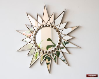 Silver Star Mirror wall 23.6&quot; from Peru, Silver Leaf Wood Framed Wall Accent Startbust Mirror,  Peruvian Decorative Round Mirror wall decor