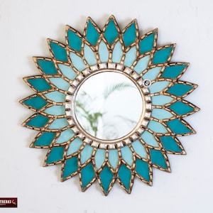 Turquoise Round Mandala Mirror 17.7" from Peru, Ornate Accent Wall Mirror "Turquoise Mandala", Peruvian Painted Glass mirror for wall decor