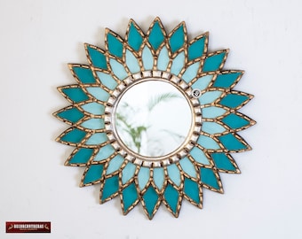 Turquoise Round Mandala Mirror 17.7&quot; from Peru, Ornate Accent Wall Mirror &quot;Turquoise Mandala&quot;, Peruvian Painted Glass mirror for wall decor