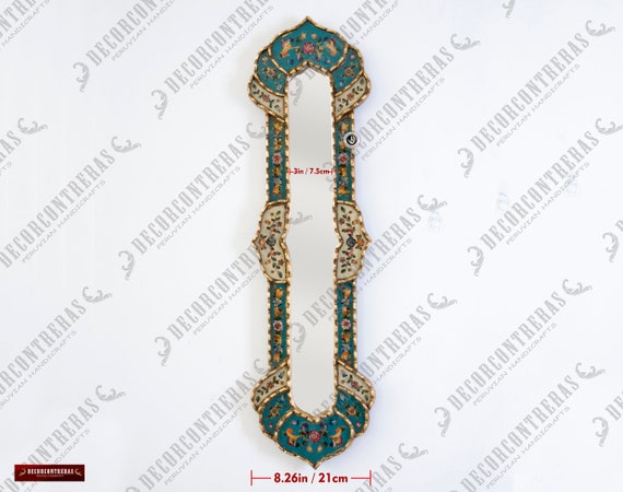 Peruvian Long Narrow wall mirror 35.4" Tall - Handmade Painted glass Skinny Turquoise wall Mirror with gold leaf for living room, bedroom
