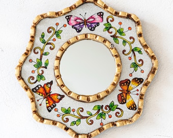 Small Round Mirror Butterfly - Peruvian Hand Painted Glass Art, Antique-Look Gold Decorative Accent, Luxury Home Decor Gift | USA No Duties