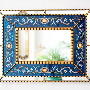 Peruaans accentschilderij op glas Spiegel wanddecoratie woonkamer| Antiek gouden frame rechthoekige entreespiegel badkamer| spiegel in vintage stijl