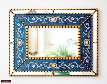 Peruvian Accent Painting on Glass Mirror wall decor living room| Antique gold frame rectangle entryway mirror bathroom| vintage style mirror