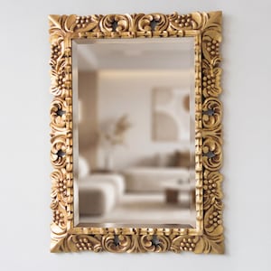 Gold Wall Mirror Large 29x21" - Hand Carved Wood Frame with Bronze Leaf - Peruvian Art Decor for Living Room - Beveled Glass & Ready to Hang