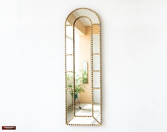 Espejo colgante grande y estrecho para decoración de pared del hogar / Espejo con marco dorado para decoración de pared / Espejo largo peruano hecho a mano para decoración de sala de estar