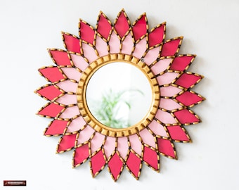Decorative Mandala Mirror wall art 17.7", Peruvian Accent Fuscia Golden Wooden Round mandala with Reverse Painted Glass "Fantastic Mandala"