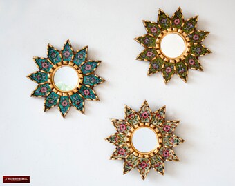 Peruvian Round Wall Mirror set 9.8" set 3, Vintage style Sunflower Mirror, Reverse-Painted Glass Wood Wall Accent Mirror with Floral Motifs