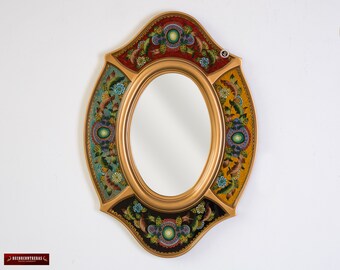 Decorative Oval wall Mirror with gold color wood frame, Peruvian Ornate Accent Mirror "Treasure Inka", Handpainted Glass Mirror for wall