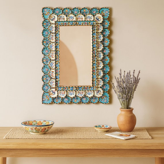 Turquoise & Gold Rectangular Mirror - Luxury Peruvian Hand Painted