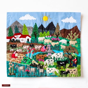 Peruvian Cotton Blend Wall Hanging Quilt | Patchwork wall art tapestrie | Embroidered applique of Fabric wall hanging | arpillera art quilts