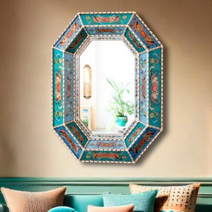Handmade Octagonal Convex Wall Mirror | Peruvian Painted Glass | Blue & Turquoise holiday decor | Unique Gift for Home or Office