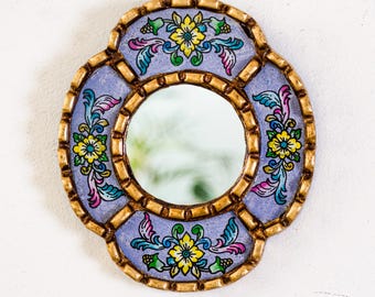 Small Oval Mirror 6" - Vintage Style Hand Painted Glass Peruvian Art Accent - Colorful Gallery Wall Decor - Christmas Gift - USA No Duties