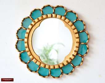 Turquoise Accent Round Mirror wall 12.2", Peruvian Handpainted glass wall mirror room decor, modern mirror for living room "Turquoise Queen"