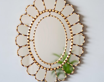 Handmade Peruvian Oval Wall Mirror 17.7"H– Painted Glass Mirror with Bronze Leaf – Shabby Chic, Farmhouse, Aesthetic Room & Home Gifts Decor