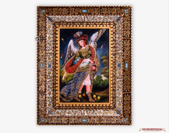 大天使ウリエル、木の天使の絵、ペルーの絵画アートガラスフレーム