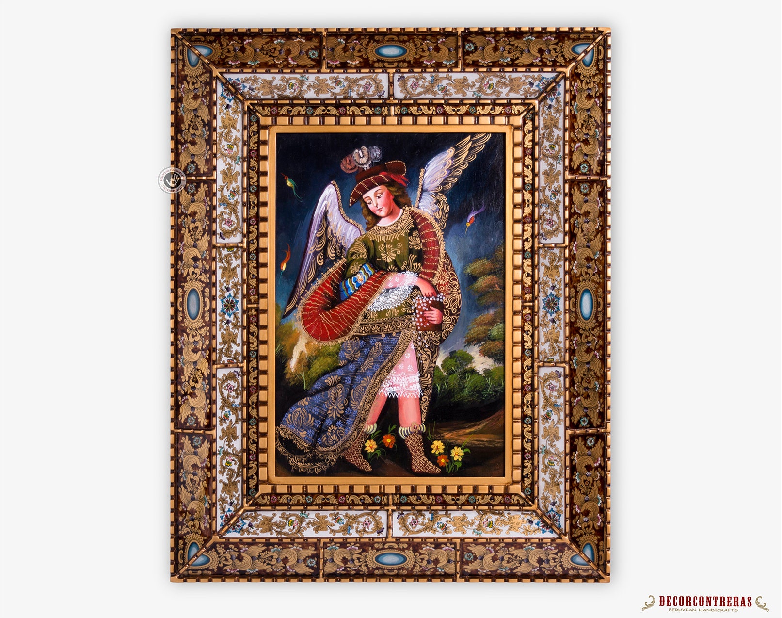大天使ウリエル、木の天使の絵、ペルーの絵画アートガラスフレーム