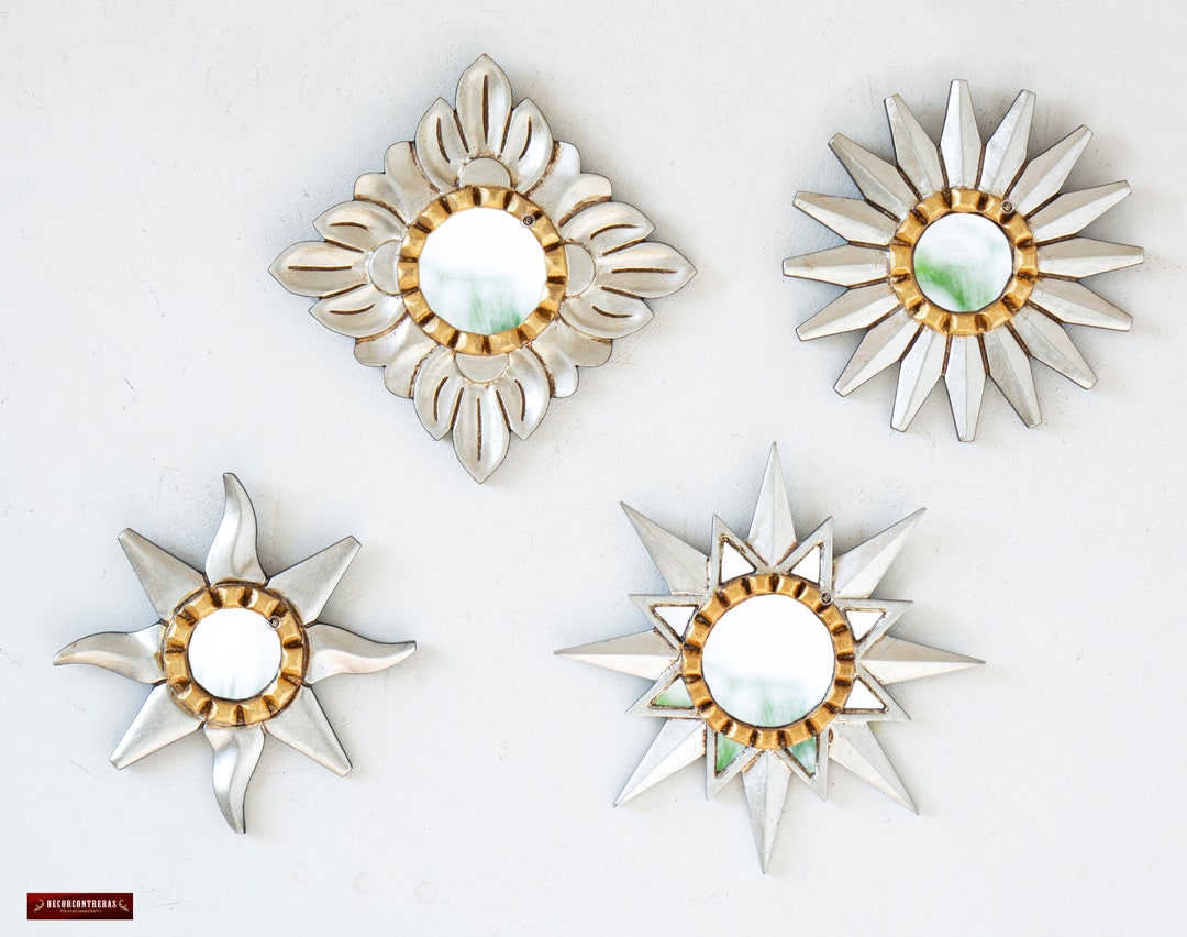 Silver Sunburst Wall Hanging Mirror Set of 4, Accent Small Hanging