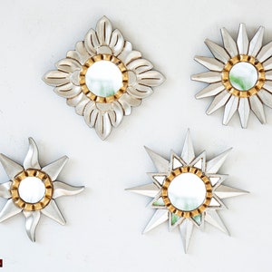 Silver Sunburst wall hanging Mirror set of 4, Accent Small Hanging Mirror Wall art decorations, Peruvian Handcarved Wood mirror living room