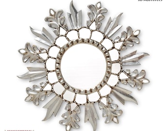 Boho Sunburst Mirror Wall Decor | Hand-Carved Round Mirror | Peruvian Painted Glass with Silver Leaf | Home Accent for Living Room, Bedroom
