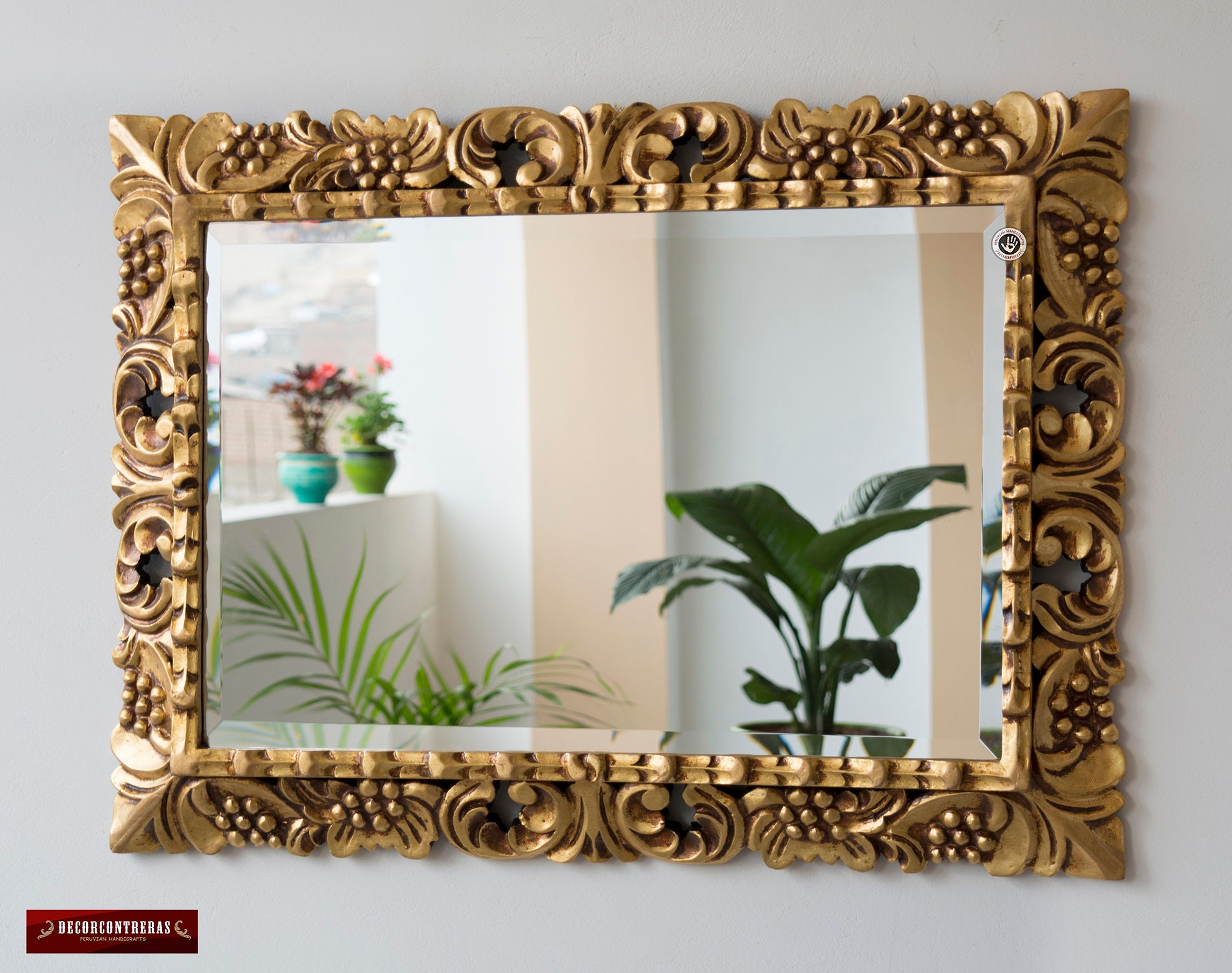 Vintage Gold Tone Hand Carved Wood Frame Ornate Mirror, 29