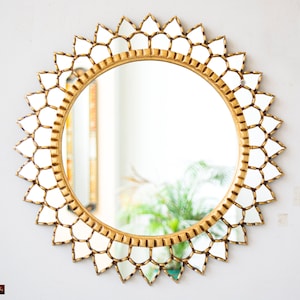 Decorative Gold Round Large Mirror wall art decor, Peruvian Hanging Bathroom Wall Mirror 27.6" for living room, Entryway, Dorm decor