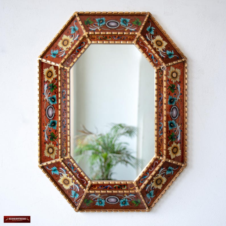 Grote gouden achthoekige bolle spiegel 29"- Peruaanse handgeschilderde glazen bloemenwanddecoratie kunst aan de muur - luxe woonkameraccentstuk | VS Geen verplichtingen afbeelding 5