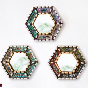Small Accent Wall Mirror set of 3 - Decorative Vintage Silver mirrors for wall art decor, Peruvian Painted glass Hexagon Mirrors living room