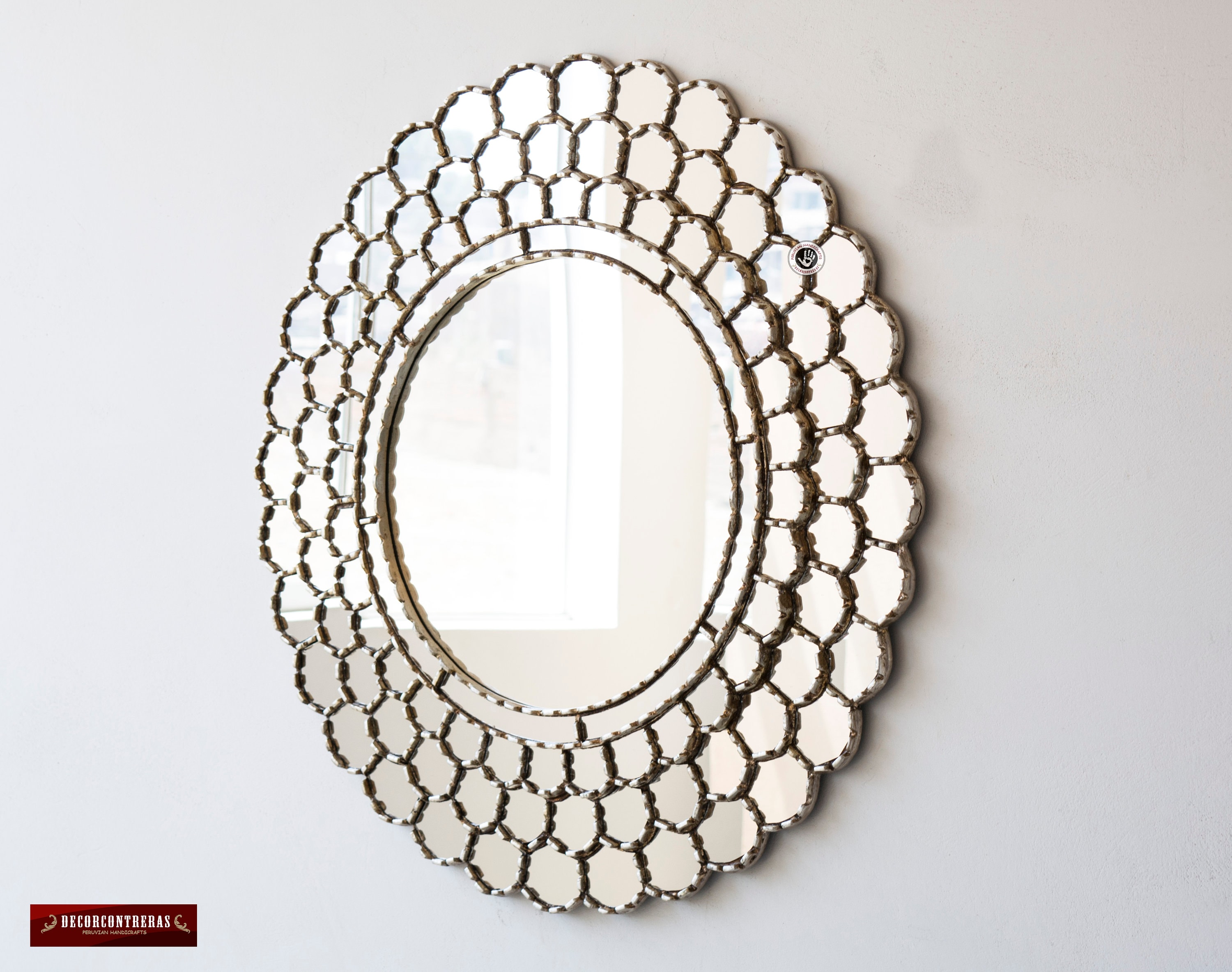 Large Silver Round Wall Mirror 31.5" from Peru Silver leaf wood framed mirror Large Silver Round Wall Mirror 31.5" from Peru Silver leaf wood framed mirror