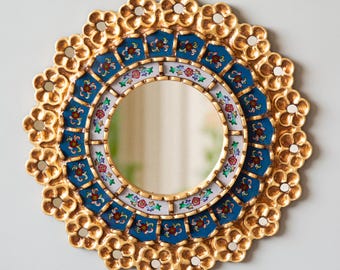 Handmade Blue Round Mirror 15.7" – Peruvian Mirror Wall Decor – Statement Mirror for Home Gifts -  Entryway or Bedroom Decor - Gift for Her
