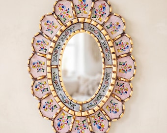 Pink Oval Wall Mirror 15.4" - Ships from USA (No Duty Fees) - Peruvian Painted Glass with Bronze Leaf - Boho Nursery Decor & Girl Room Art