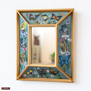 Decorative Accent Small Mirror 9.4&quot;x7.8&quot; for Wall Decor | Peruvian Painted Glass Blue Wall Mirror | Christmas Gift for Home | Birds design