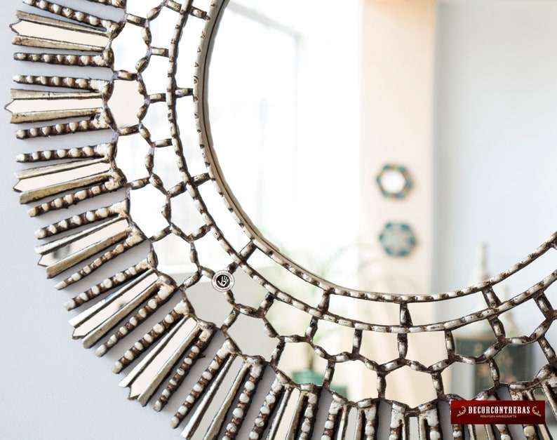 Large Round Decorative Wall Mirror 31.5 Silver Hand Carved Etsy