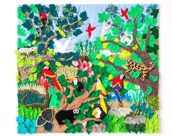 Peruvian Cotton Blend Patchwork Wall Hanging | Embroidered Applique Folk Art Rainforest scene Wall Hanging | Handmade Textile Fiber Art