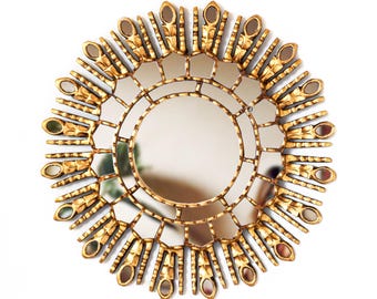 Handmade Gold Sunburst Mirror 17.7in | Round Wall Mirror | Peruvian Accent Mirror for Living Room & Bedroom Decor | Housewarming Gift